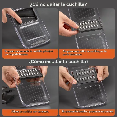 Vista 4 de KEOUKE Cortador de mandolina multifuncional transparente, 6 cuchillas intercambiables, cortador de verduras de mano con protector de mano