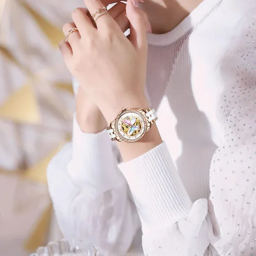 Vista 3 de OLEVS Reloj de moda para mujer, relojes automáticos para mujer, de cuerda automática, de cerámica, acero inoxidable, impermeable, luminoso, diamantes