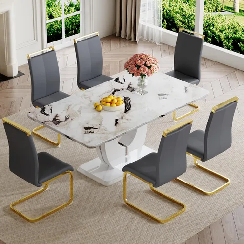 Vista 13 de JUFU Moderno juego de mesa de comedor de mármol sintético de 63 pulgadas para 6, mesa de cocina rectangular con base de pedestal en forma de U