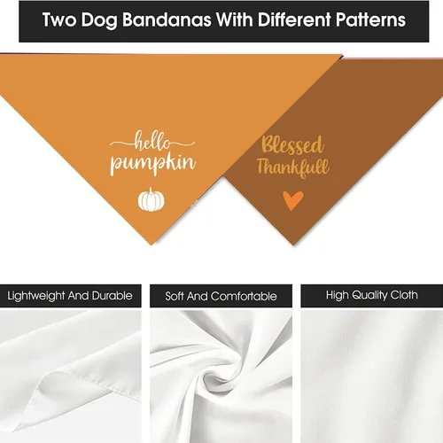 Vista 2 de Bandanas de Acción de Gracias para perro, bufanda para cachorro, trajes de otoño de Hello Pumpkin - 2 bandanas ajustables triangulares de doble capa