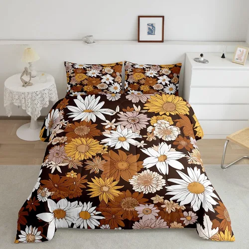 Vista 22 de Juego de ropa de cama con estampado floral bohemio, tamaño individual, diseño retro de flores groovy, 60S y 70S, juego de edredón de flores hippie