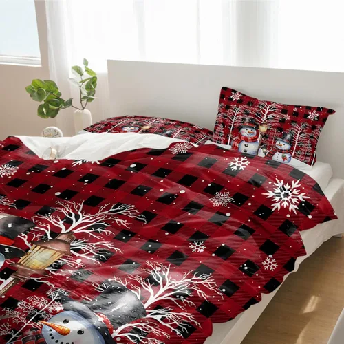 Vista 2 de Juego de ropa de cama de 3 piezas, diseño de muñeco de nieve de Navidad, copos de nieve, ramas, funda de edredón transpirable, fundas de almohada