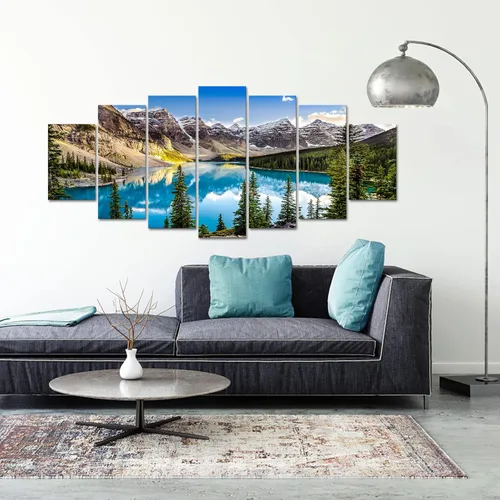 Vista 4 de Enorme lienzo de 7 piezas de arte para pared, vista del lago Moraine y cordillera al atardecer en las montañas rocosas canadienses, arte moderno