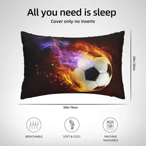 Vista 3 de Fundas de almohada de fútbol con estampado de fuego para deportes, para niños, niñas, mujeres, 30 x 20 pulgadas, fundas decorativas con cremallera