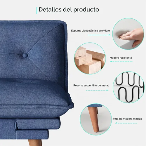 Vista 5 de LINSY HOME Sofá cama futón, sofá futón de felpilla de 70 pulgadas con respaldo ajustable, cómodo sofá cama convertible 3 en 1 para espacios Azul