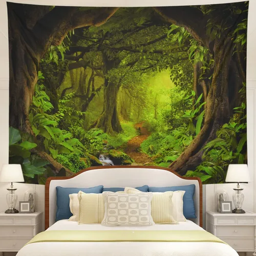 Vista 7 de Tapiz de bosque brumoso, árbol de la vida, tapiz de fantasía, paisaje, naturaleza, decoración de pared, selva tropical, selva, bosque, tapiz