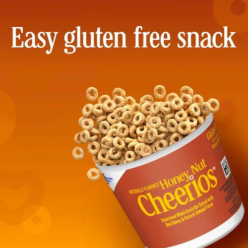 Vista 6 de Copas de cereales para desayuno Honey Nut Cheerios, cereal sin gluten, porciones individuales, 4 paquetes de 7.2 onzas