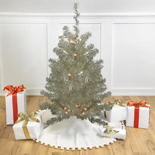 Vista 2 de Northlight Árbol de Navidad de oropel artificial de platino metálico de 3 pies - Luces transparentes