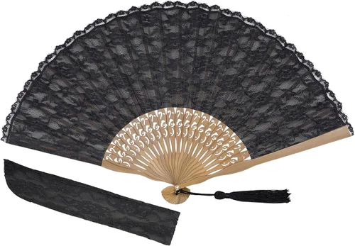 Vista 10 de choyaxo - Abanico de mano de encaje chino plegable de bambú y seda para mujeres, para decoración de bodas, bailes y fiestas, negro