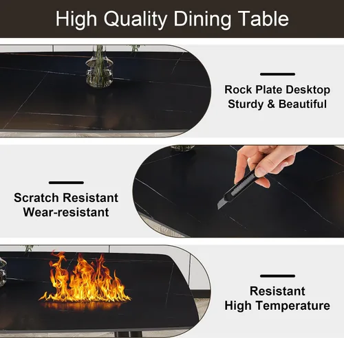 Vista 5 de Mesa de comedor de piedra sinterizada negra de 48.4 pulgadas, mesa de cocina rectangular minimalista con patas de metal negro, mesa de comedor