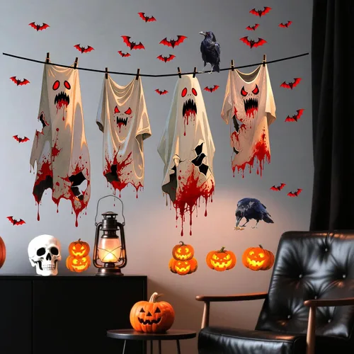 Vista 12 de Barri Design Calcomanías de pared de murciélago de Halloween, árbol de luna, bruja, calcomanías de pared extraíbles para Halloween, calcomanías