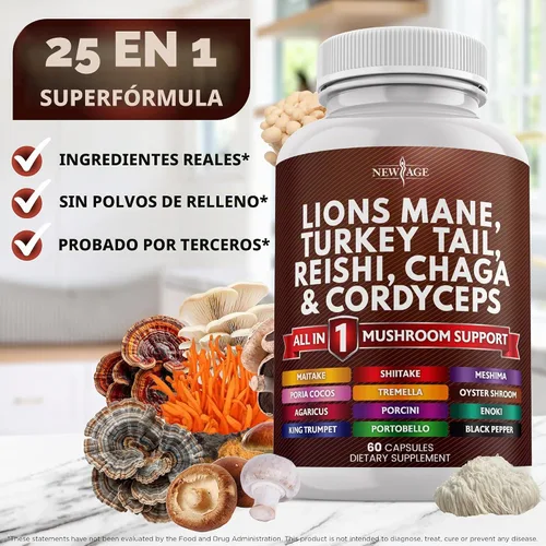 Vista 7 de NEW AGE Lions Mane 3000mg Suplemento de hongo 20 en 1 con cola de pavo 2000 mg Reishi 1000 mg Cordyceps Chaga 1000 mg con raíz de malvavisco 60