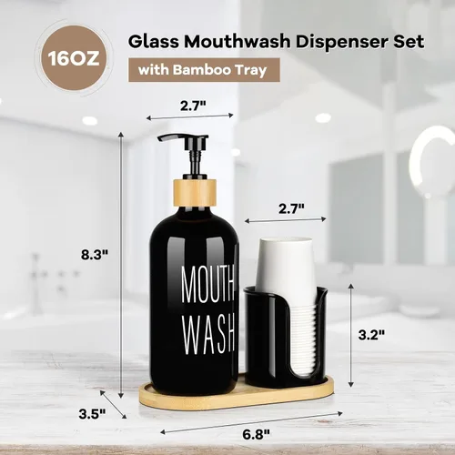 Vista 2 de Dispensador de enjuague bucal negro para baño, botella de vidrio con bomba de 16 onzas con soporte para tazas, 14 tazas de enjuague bucal, bandeja