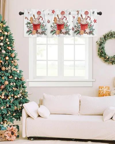 Vista 6 de Cenefas de Navidad para ventanas, con bastón de caramelo de jengibre, cortina de cocina, cenefas de Navidad, bolsillo para barra, cortina de ventana