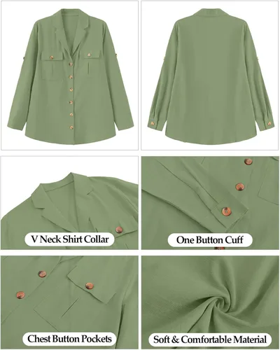 Vista 5 de Vetinee Blusa casual con botones para mujer, manga con puños, holgada, camiseta