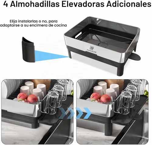 Vista 4 de Escurridor de platos Escurridor de platos de acero inoxidable para encimera de cocina, ahorro de espacio, escurridor de platos con drenaje
