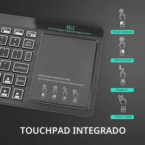 Vista 3 de Rii RT518S - Teclado multifuncional inalámbrico y Bluetooth con retroiluminación de 2 LED de color, modo dual, trackpad multitáctil de gran