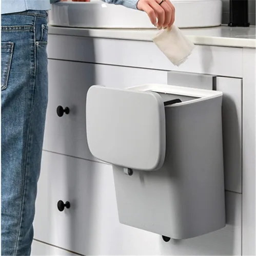Vista 2 de Contenedor de compost de cocina de 9 L/2.4 galones, cubo de basura pequeño colgante con tapa para Gris