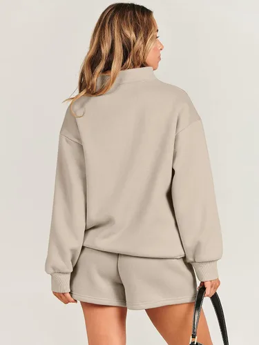 Vista 5 de ANRABESS Conjunto de 2 piezas para mujer, sudadera y pantalones cortos, de gran tamaño, casual, conjunto de sudadera para descansar, conjunto