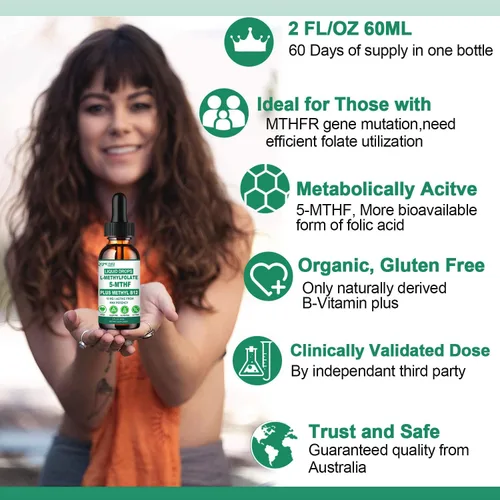 Vista 4 de Suplemento de metilfolato gotas líquidas, L Methy Folate 15mg Plus Methy B12, B6, B2 Multivitamínico, Metabólicamente Activo 5-MTHF