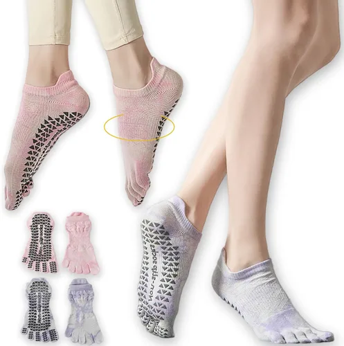Vista 8 de CHUNFO Calcetines de agarre para mujer, calcetines de yoga para pilates, antideslizantes, teñido anudado, coloridos, de algodón, de compresión