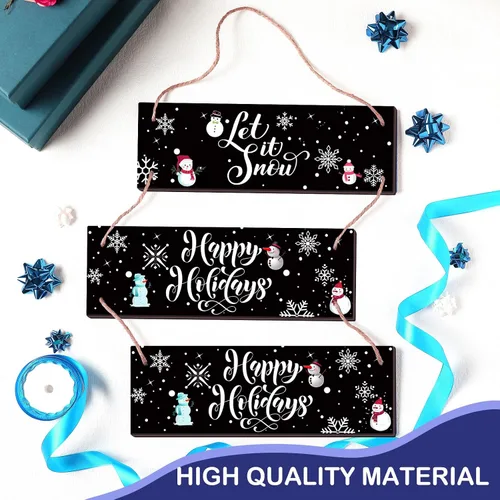 Vista 3 de Gerrii 3 piezas de decoración rústica de madera para colgar en la pared, deja que nieve, decoración de pared de Navidad, adornos de madera, letrero