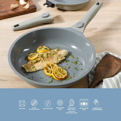 Vista 7 de Sur La Table Kitchen Essentials Craft Studio - Juego de sartenes de freír de aluminio fundido con mango desmontable de 8 y 10 pulgadas con cerámica