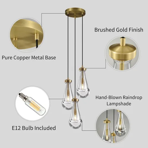 Vista 3 de Lámpara colgante de latón de 3 luces para isla de cocina, lámpara colgante de racimo de lluvia, lámpara de techo de cristal con cuerda ajustable