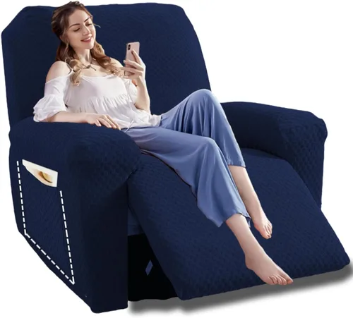 Vista 9 de YEMYHOM Funda elástica de 4 piezas para silla reclinable de jacquard con bolsillo lateral, antideslizante, ajustable, protector de muebles con parte