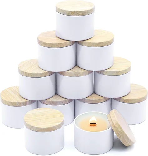 Vista 17 de Paquete de 12 tarros de velas, latas de velas de 4 onzas con tapas de impresión de grano de madera de metal, tarros de velas de metal vacíos