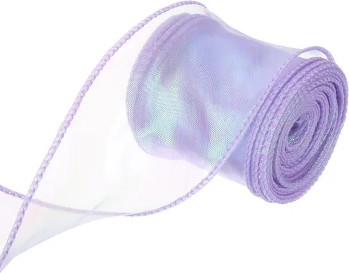 Vista 26 de MECCANIXITY - Cinta de organza con cable de 1 1/2" de ancho, brillante, transparente, con brillo irisado en tonos pastel, cinta de gasa para Beige