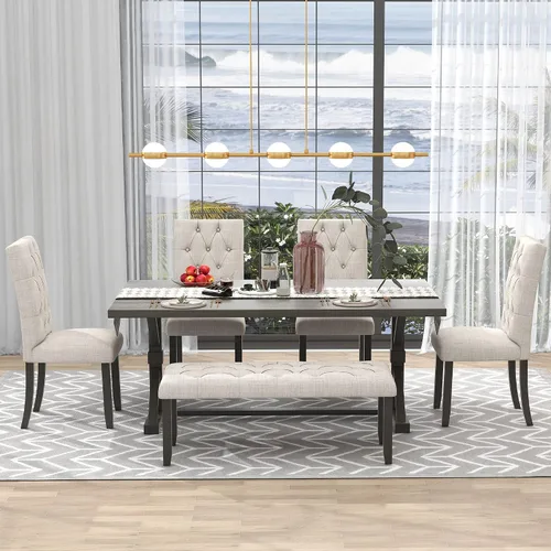 Vista 17 de Harper & Bright Designs 6-Piece Solid Wood Kitchen Dining Table Set, 60" Rectangular Table with 4 High-Back Tufted Upholstered Chairs & 1 Bench for