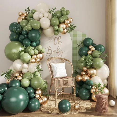 Vista 12 de Kit de arco de globos verde salvia azul pastel, 124 piezas de globos macarón amarillo blanco verde para decoraciones de cumpleaños de ganso, género