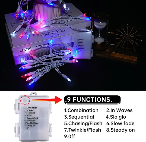 Vista 5 de Luces de cadena patrióticas a pilas - 50 luces LED mini rojas, blancas y azules para árbol pequeño, corona, manualidades, decoración