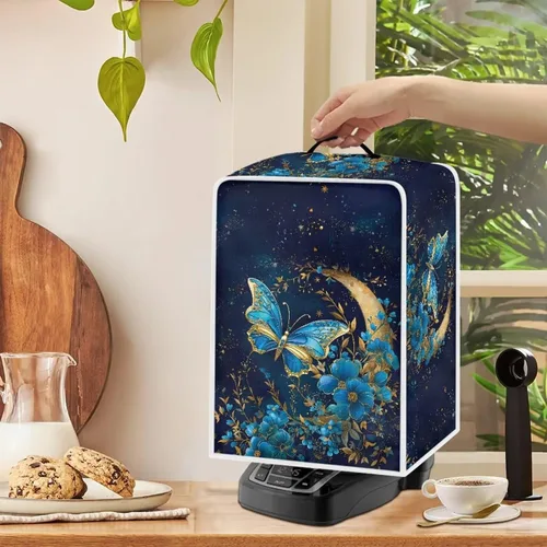 Vista 4 de DISNIMO Cubierta antipolvo para cafetera de mariposa azul, fundas para máquina de hacer café de cocina con mango superior, cubierta
