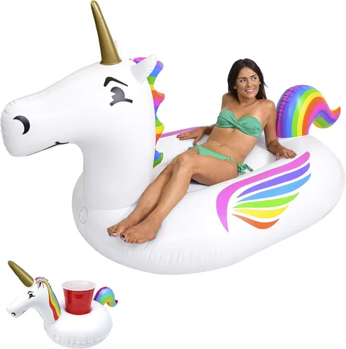 Vista 10 de GoFloats Flotadores inflables gigantes para piscina, elige unicornio, dragón, flamenco, cisne o toro, incluye flotador de bebida
