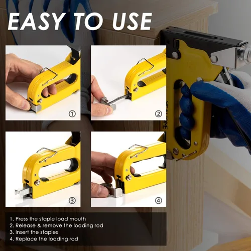Vista 10 de Pistola de grapas 4 en 1 para tapicería, resistente, con 6000 grapas, removedor de guantes, clavadora manual de ajuste de potencia para madera