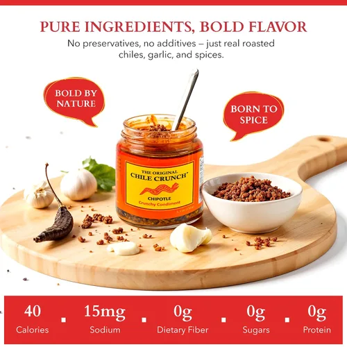 Vista 7 de CHILE CRUNCH - Condimento Crujiente Picante de Chipotle - Chiles Asados Totalmente Naturales, Salsa Crujiente de Ajo y Cebolla - Vegano, Sin Gluten