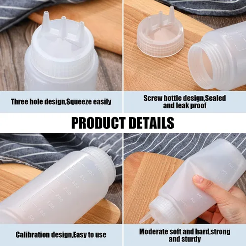 Vista 3 de Dingion 8 botellas exprimibles de 3 agujeros de 16 onzas, botellas de plástico para condimentos, recipientes para aderezo de ensalada para salsa