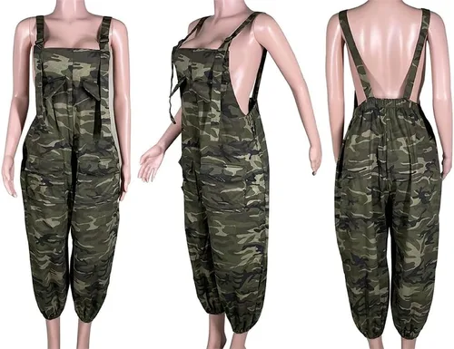 Vista 7 de LETSVDO Overol casual de harén para mujer, talla grande, camuflaje, tirantes delgados, sin mangas, pierna ancha, holgado, pantalones