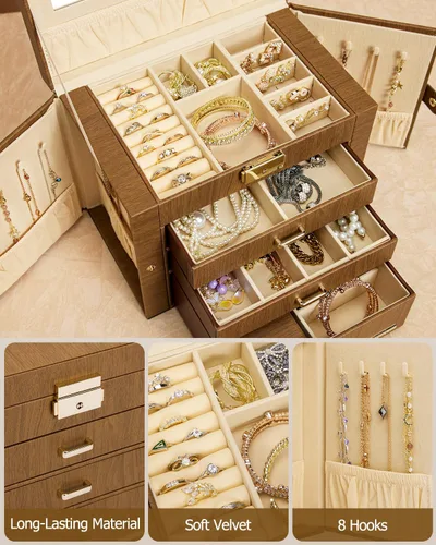 Vista 5 de Homde Joyero 2 en 1 para mujeres y niñas con estuche de viaje pequeño, espejo, collar, anillo y aretes, organizador (marrón + dorado)