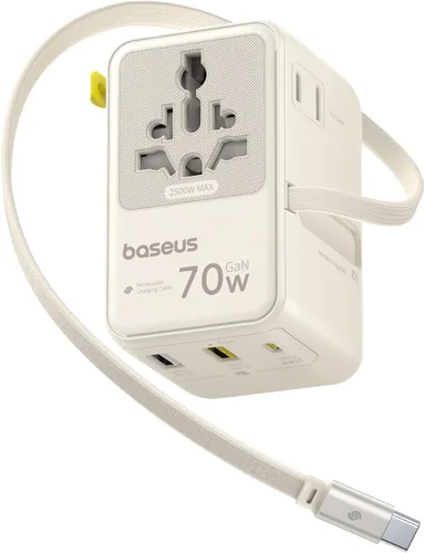 Vista 11 de Baseus Adaptador de enchufe de viaje europeo de 45W, adaptador de corriente universal 6 en 1 con cable retráctil USB-C, carga rápida PD GaN