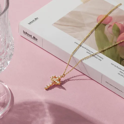 Vista 6 de Tewiky Diamond Cross Necklace for women-Dainty 14k Gold Cubic Zirconia Pendant Necklaces Simple Gold Cross Pendant Necklace Cute Tiny Gold Jewelry