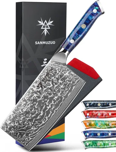 Vista 9 de Cuchillo chino de chef – Cuchillo de carnicero de 7 pulgadas – Serie Xuan – Cuchillo de cocina de acero Damasco VG10 – Mango de resina