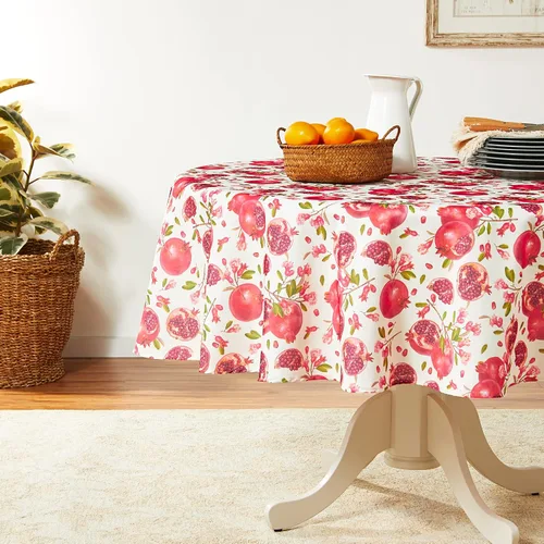 Vista 2 de Violet Linen Patrón de flores de granadas europeas, tela impresa tejida de poliéster, pomogranatos, 70 pulgadas redondas, asientos 4 a 6 personas