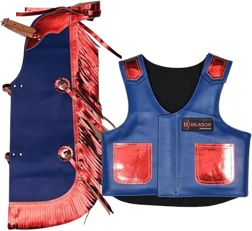 Vista 12 de HILASON Chaleco protector de cuero para equitación de toro juvenil, Chaparreras cortas para montar en toro negro con púrpura Chaparreras