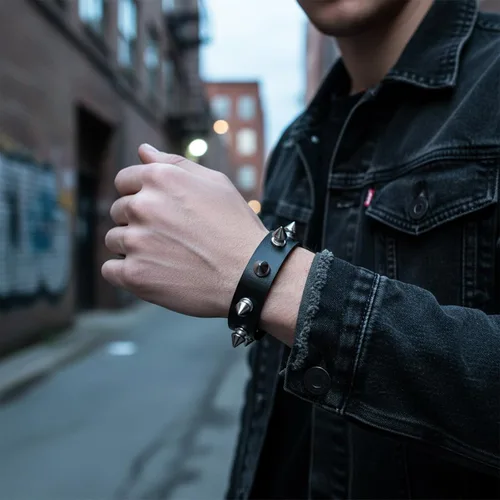 Vista 4 de TIESOME 6 pulseras punk, de cuero con clavos y tachuelas para mujeres y hombres, juego de pulseras de cadena vintage de los años 80, accesorios