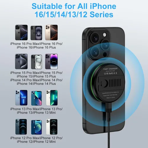 Vista 7 de Cargador inalámbrico de carga rápida, magnético, compatible con iPhone 16E/16 Pro Max/17e/17 Air/17 Pro Max/15/14/13,15 W, estación de soporte