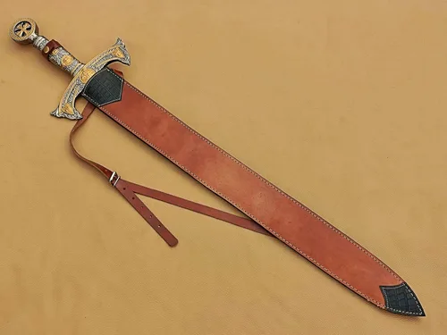 Vista 5 de Espada Templaria medieval hecha a mano, espada larga de Damasco sagrada con funda de cuero