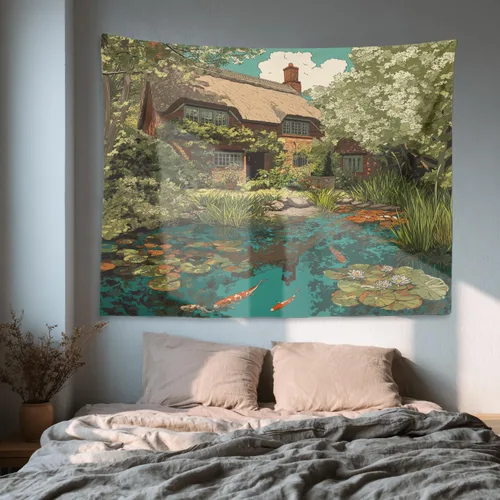 Vista 6 de Shrahala Peaceful Retreat Charming Abode Tapestry, Verdant Landscape Water Wall Hanging Hd Print Polyester Backdrop For Dorm Room Bedroom 30 X 40 In